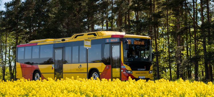 Landsbygdsbuss som har stannat till vid en hållplats